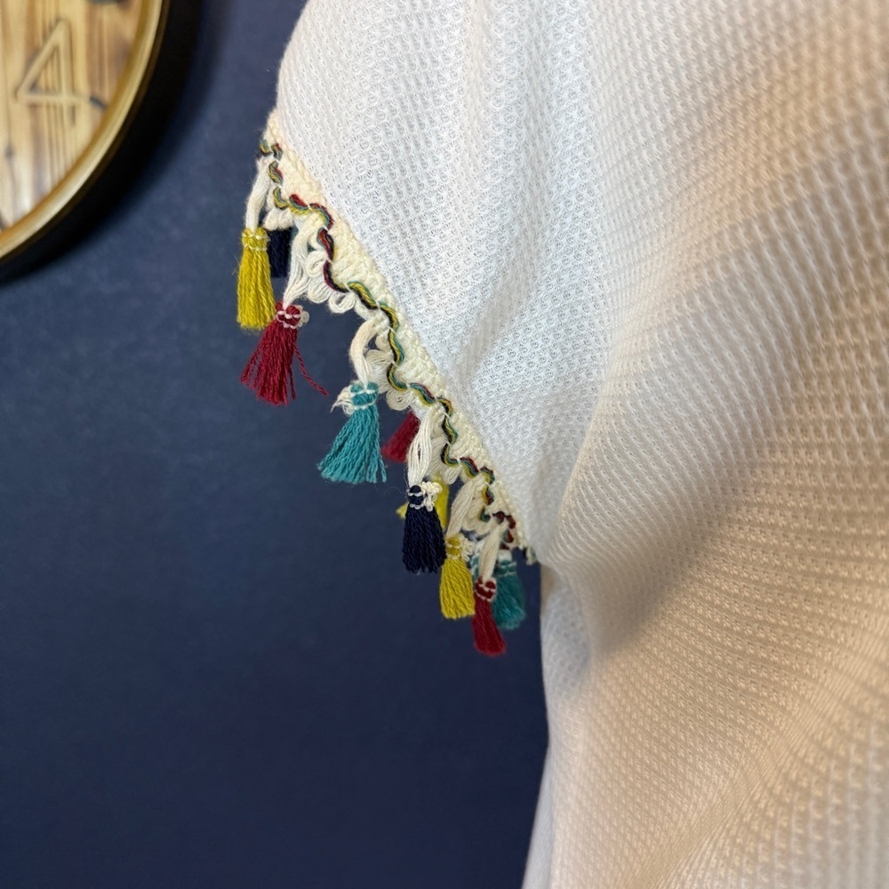 White V-Neck Waffle Knit Top with Colorful Tassels at Sleeves | Size Large - Picture 2 of 8